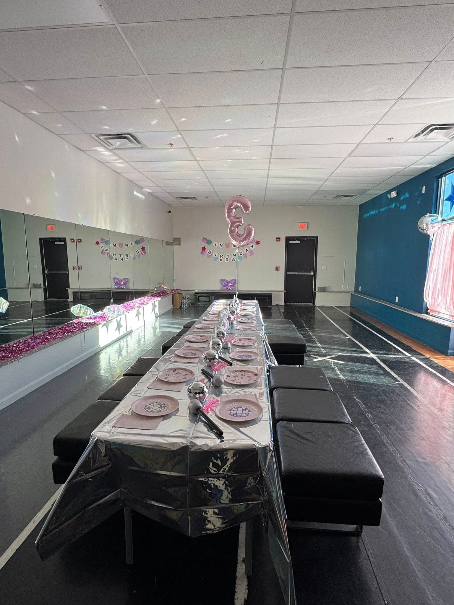 Party room set up for a birthday celebration