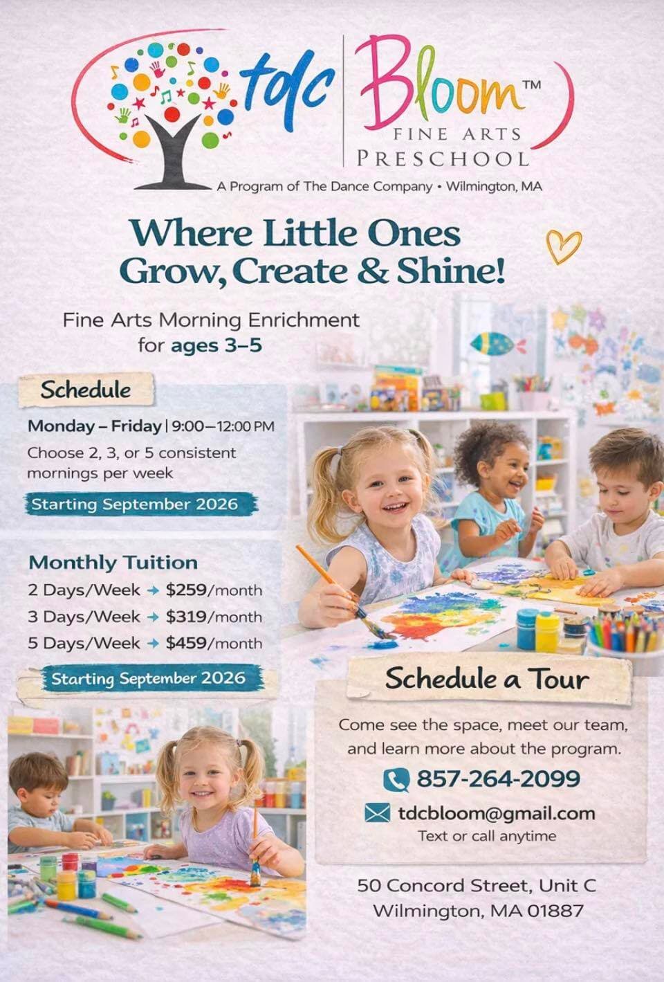 Bloom Fine Arts Preschool program details showing schedule, tuition, and happy children doing arts activities